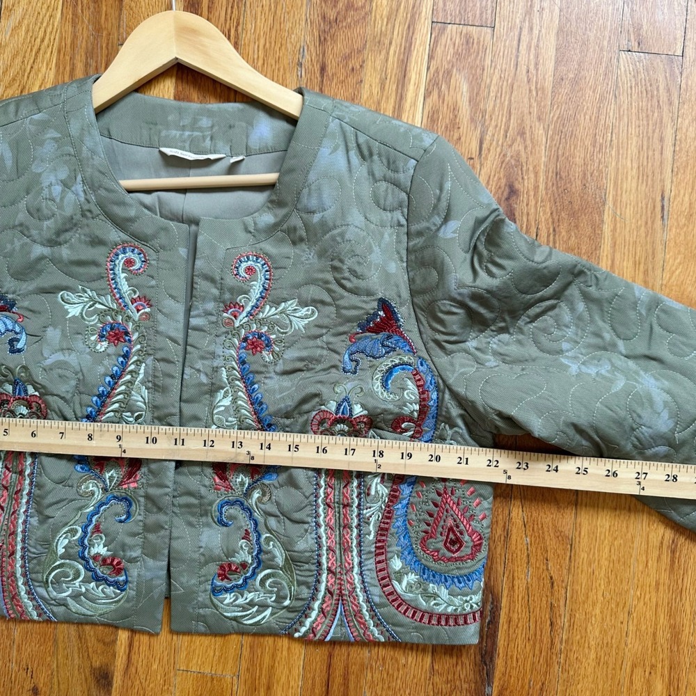 Soft Surroundings Olive Green Quilted Embroidered Cropped Jacket XL Beaded Boho - Picture 8 of 10